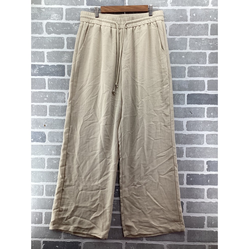 Halara Women Beige Wide Leg Drawstring Tall Pants Size L High Rise Pocketed